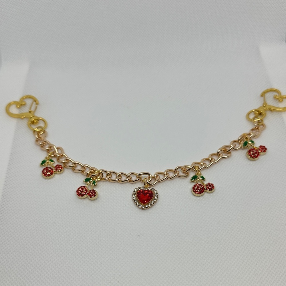 Bag Charm Gold tone Chain Red Cherries With Green Accents leaf 🍃 - Picture 3 of 4